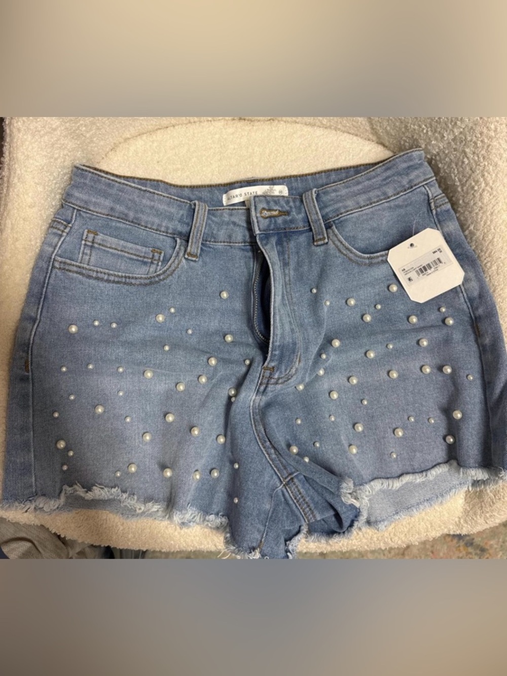 Altar'd State Light Blue Pearl-Studded Denim Shorts